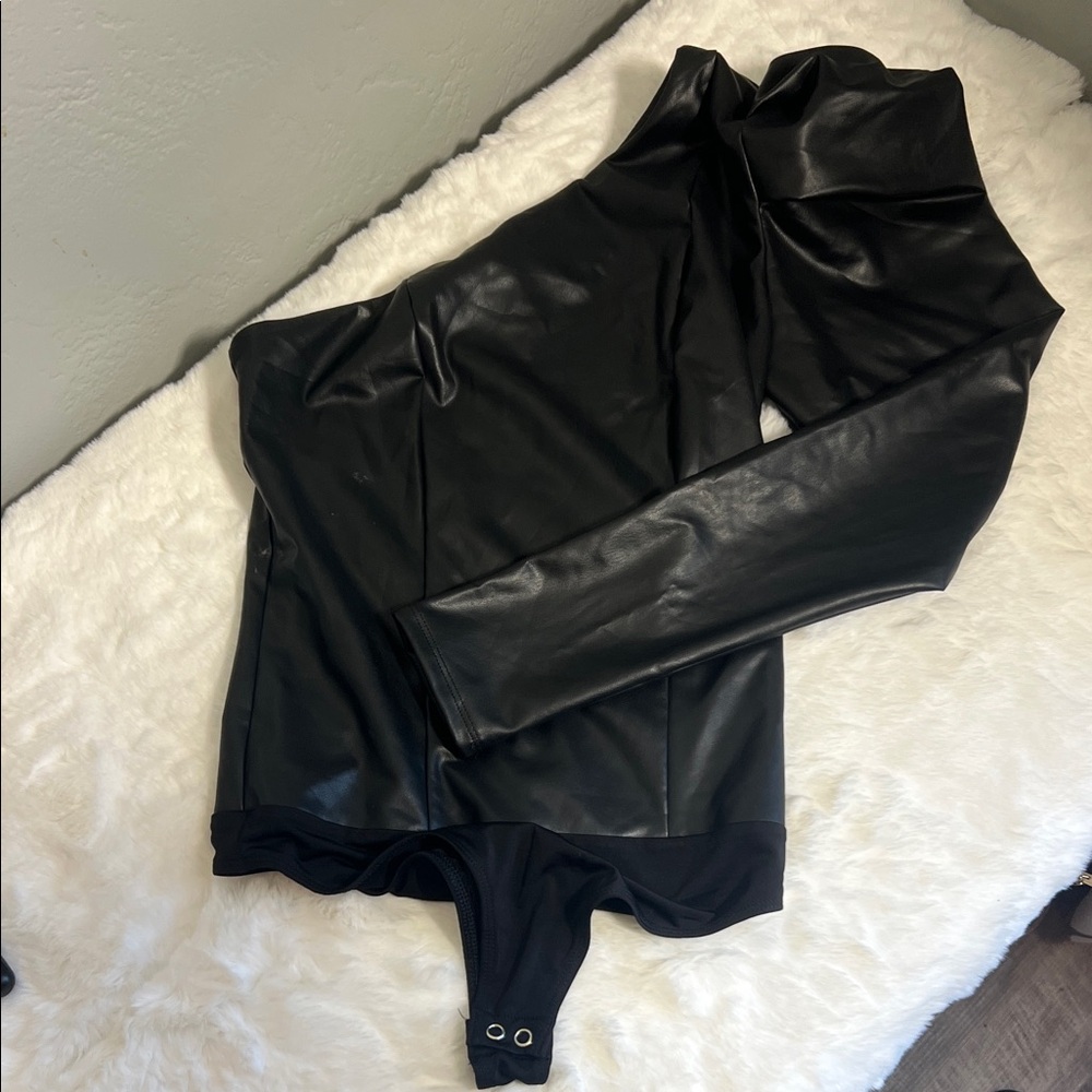 Express Black Faux Leather One-Shoulder Bodysuit size xs